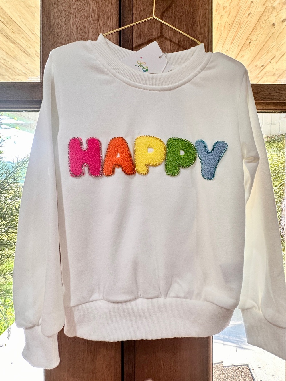 Lola + The Boys White Crewneck with Rainbow Chenille HAPPY